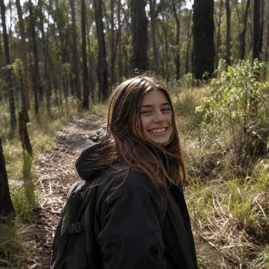 A young person on a bush walking trail